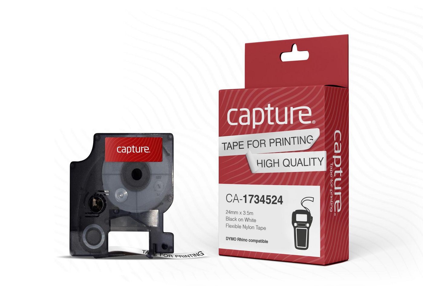 Black and white label-making tape in a transparent plastic dispenser, featuring a red and white packaging with "capture" branding and product details.