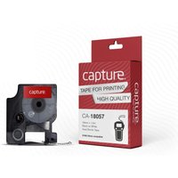 Black on white Capture CA-18057 label-making tape with red packaging, high-quality print, compatible with label printers.
