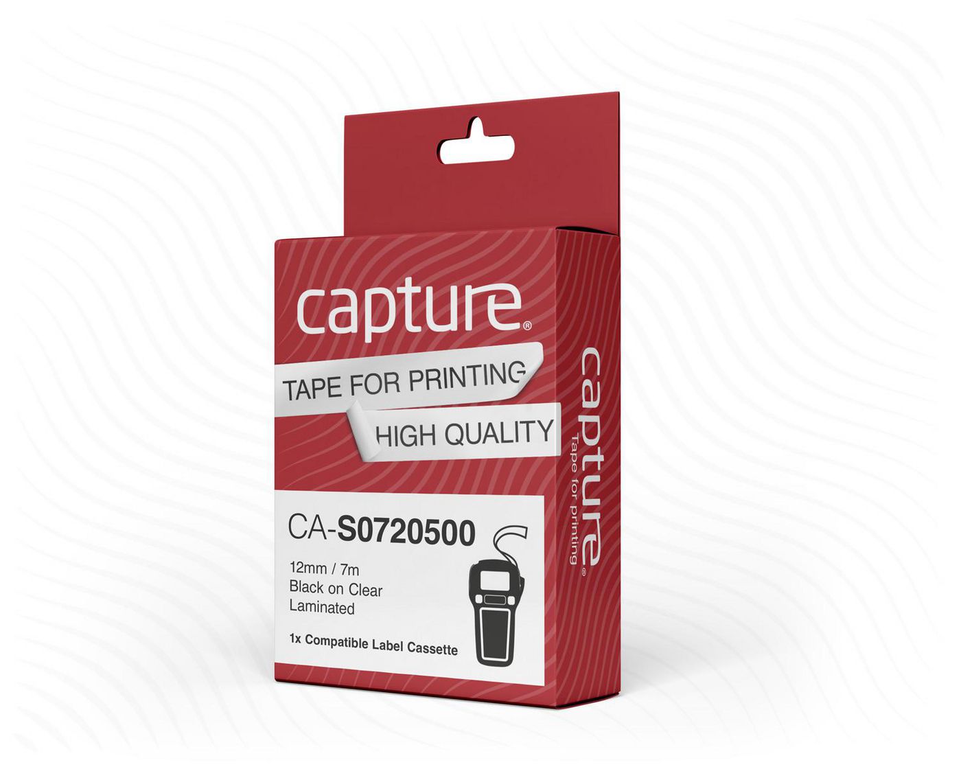 Black label-making tape on a transparent background, packaged in a red box with white text, featuring the product code CA-S0720500 and details about its dimensions and quality.