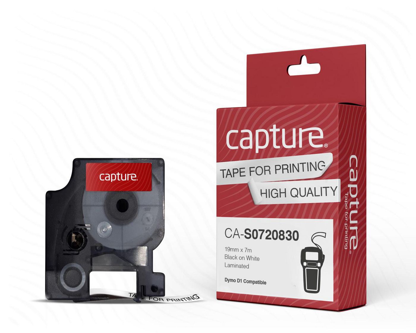 Black and white label-making tape cartridge in a transparent casing, packaged in a red box with white text, labeled "Capture CA-S0720830" and "Tape for Printing."