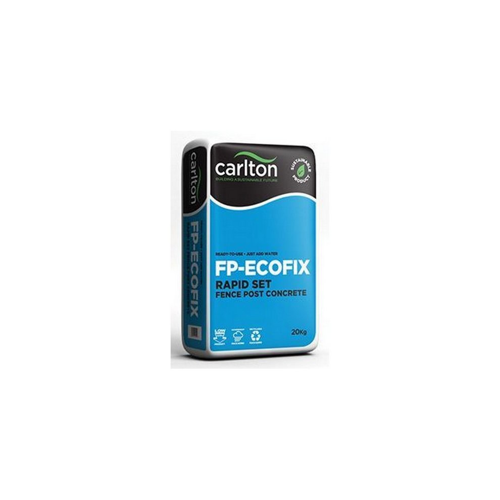 Blue and black bag of Carlton Post Mix Concrete, labeled "FP-ECOFIX Rapid Set," weighing 20kg, featuring a modern design and clear product information.