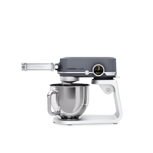 Carrera Silver Front Drive spaghetti cutter attachment for Stand Mixer 657, featuring a sleek silver and gray design with a stainless steel bowl and easy-to-use controls.