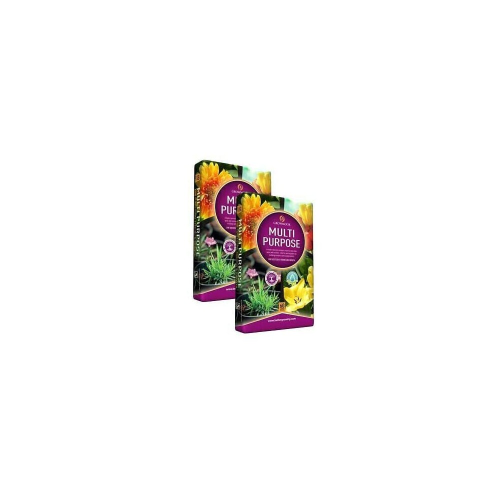 Two 60-liter bags of CB FUELS GROWMOOR Multi-Purpose Compost, featuring vibrant floral graphics and a purple and green color scheme, designed for various gardening needs.