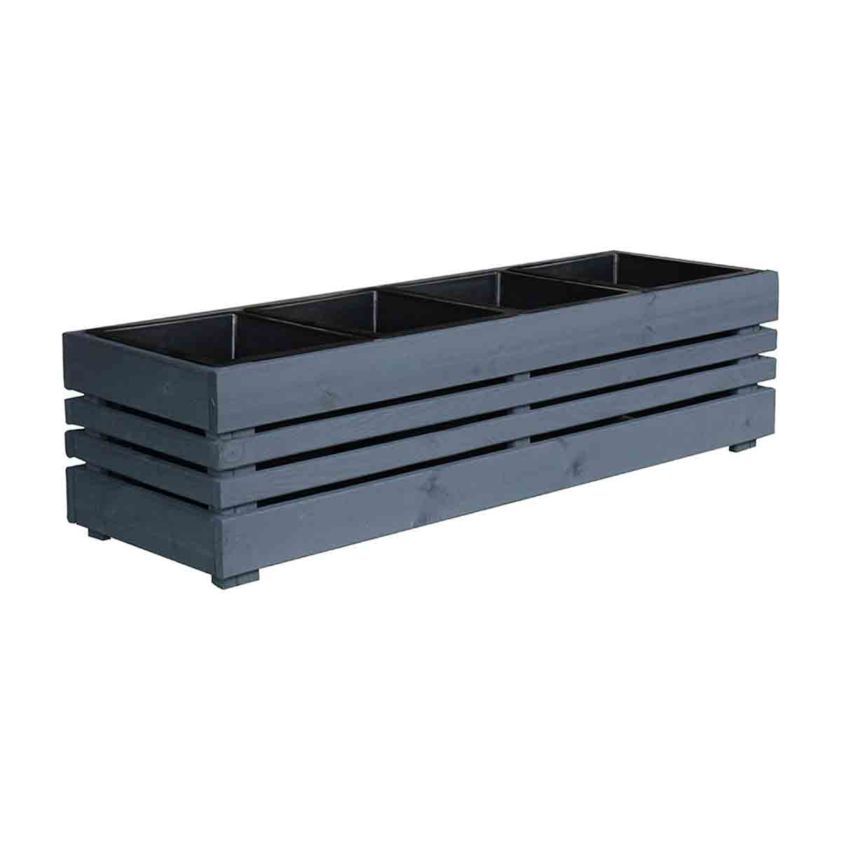 Rectangular wooden planter in dark grey, measuring 120cm, featuring four compartments and a slatted design, ideal for outdoor gardening.