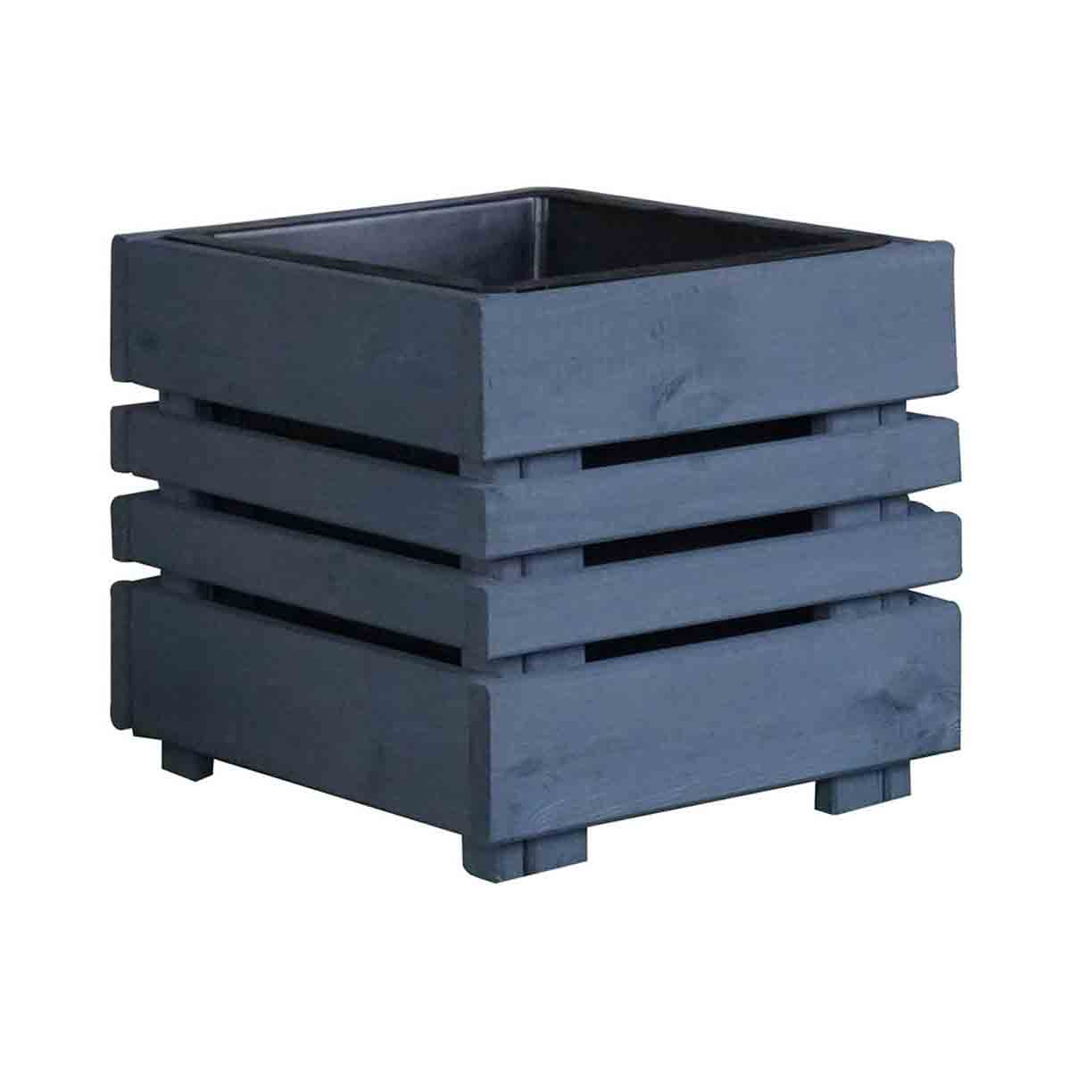 Rectangular outdoor planter in dark blue wood, featuring a slatted design and a square shape, ideal for displaying plants or flowers.