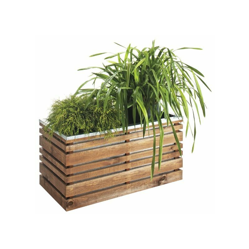 Rectangular wooden planter in brown, measuring 100cm, featuring slatted design and galvanized metal rim, filled with lush green plants.