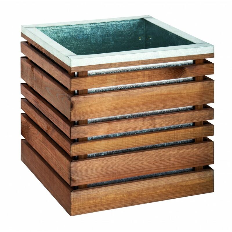 Square wooden planter with a brown slatted design and a galvanized metal liner, measuring 50cm, ideal for outdoor use.