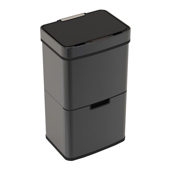 Stylish black triple compartment sensor bin with a sleek design, featuring a top lid and a lower drawer for easy waste separation and disposal.