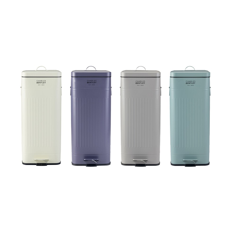 Dark blue retro steel square kitchen bin with a pedal mechanism, featuring ribbed design and a lid, part of a collection including cream, gray, and light blue options.