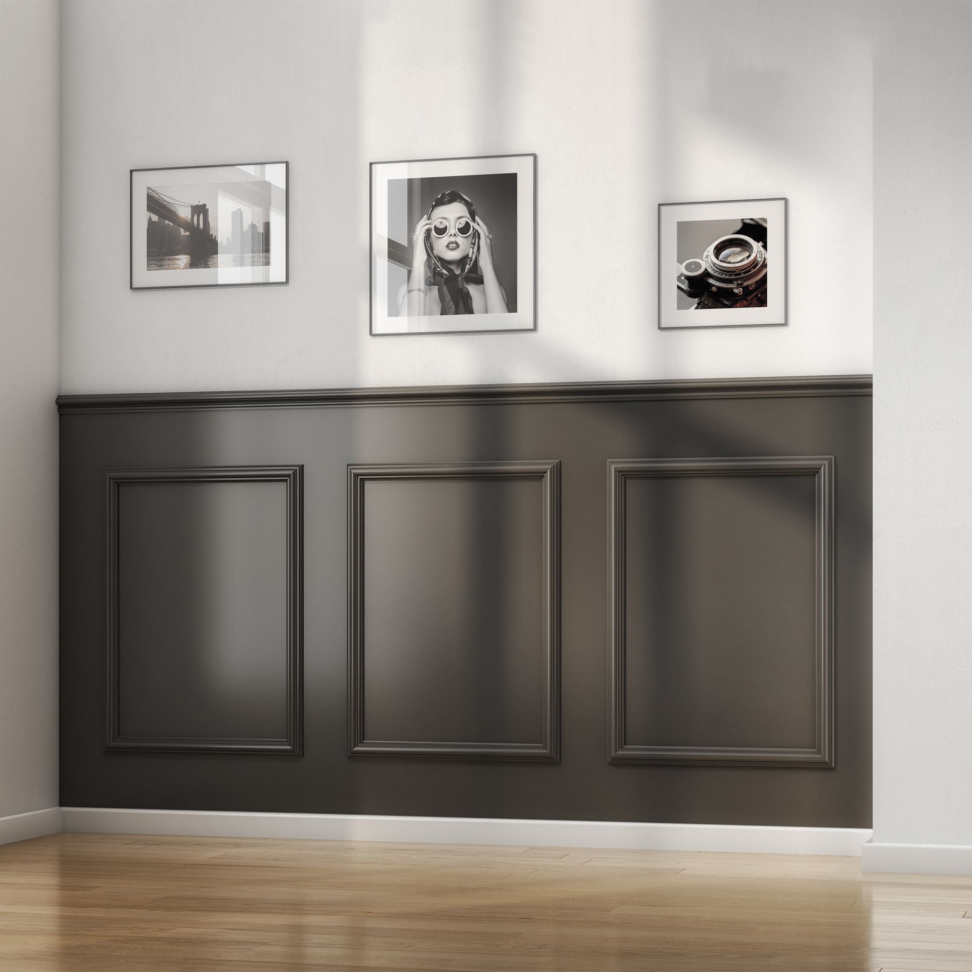 Cheshire Mouldings Pine Dado Wall Panelling Kit in a rich brown finish, featuring three rectangular panels, enhancing a modern interior with framed black-and-white artwork above.