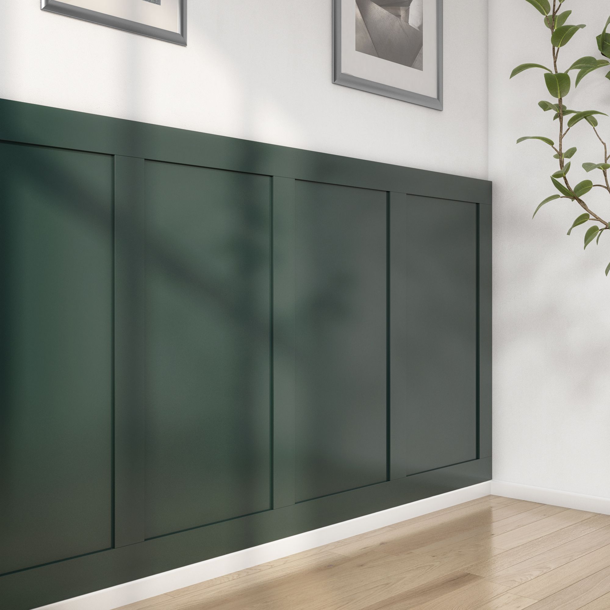 Dark green MDF wall panelling kit featuring four vertical panels, measuring 1200mm high, 97mm wide, and 9mm thick, set against a light interior with framed artwork.