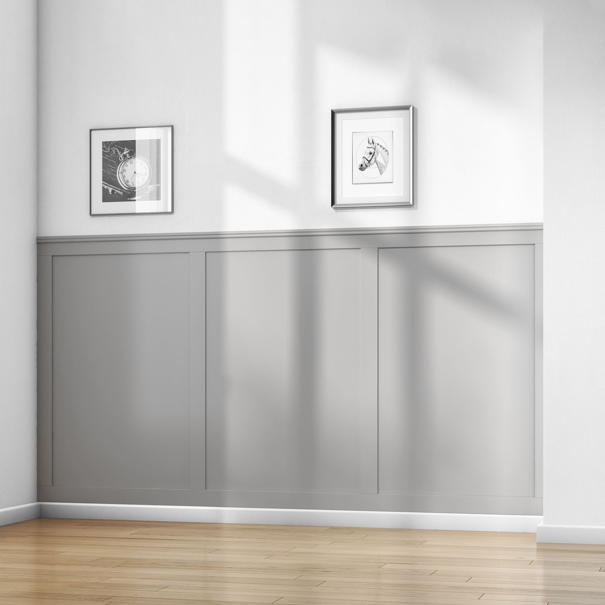 Modern MDF wall panelling kit in soft grey, measuring 2000mm high and 63mm wide, featuring a sleek design with clean lines, enhancing a minimalist interior.