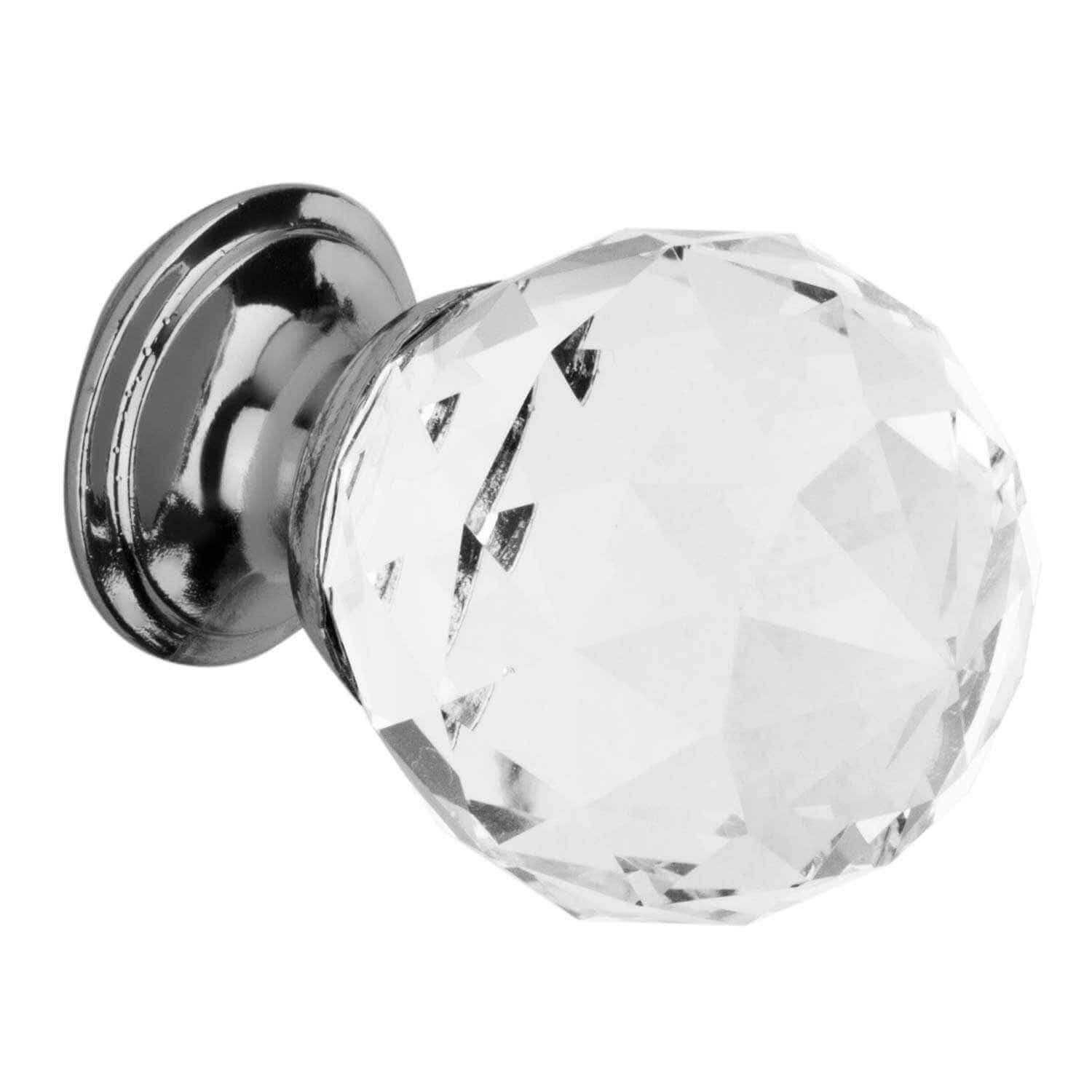 Clear faceted glass cabinet knob with a chrome base, showcasing a sparkling design, sold in a pack of five.