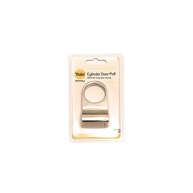 Chrome cylinder door pull by Yale, featuring a sleek, modern design and durable metal construction, packaged in a clear plastic blister with a yellow label.