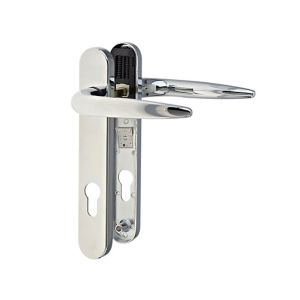 Polished chrome short backplate door handle featuring a sleek, modern design with a curved lever and keyhole cutout for easy installation.