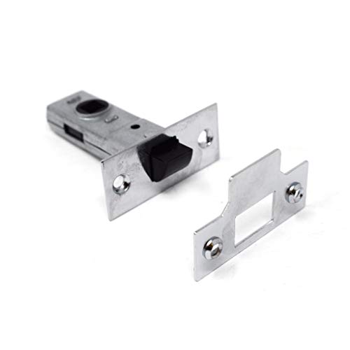 Yale Essentials tubular latch in chrome finish, measuring 64mm, featuring a black thumb turn and metal strike plate for secure door locking.