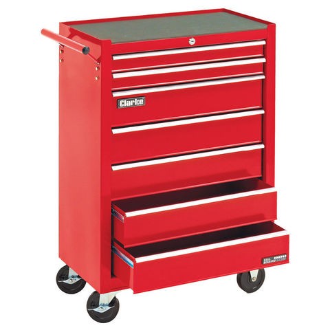 Red steel tool cabinet on wheels with seven drawers, a textured top surface, and a central locking mechanism for secure storage.