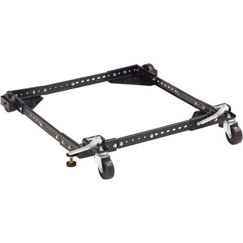 Black metal mobile base with adjustable frame, featuring four sturdy wheels for mobility and multiple holes for customization, designed for supporting various equipment.