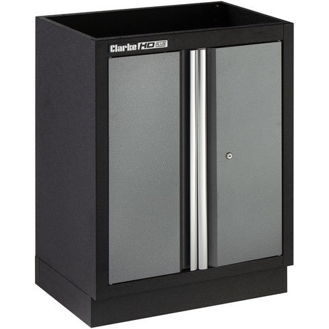 Black and gray metal floor cabinet with two doors, featuring a sleek design, silver handles, and a lockable mechanism for secure storage.