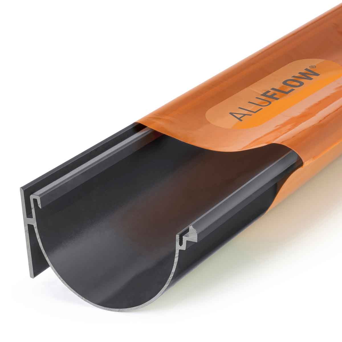 Deepflow gutter in grey, made of aluminum, featuring a smooth, rounded profile and branded with "ALUFLOW" in orange on the side, measuring 2 meters in length.