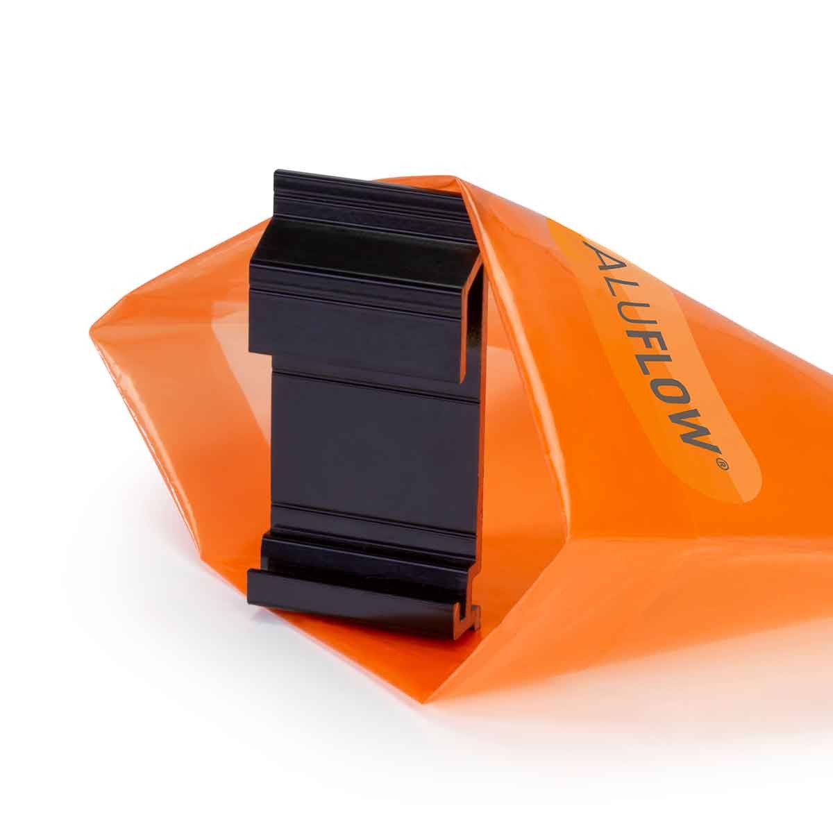 Black aluminum gutter bracket with a sleek design, featuring a locking mechanism, displayed against an orange background.