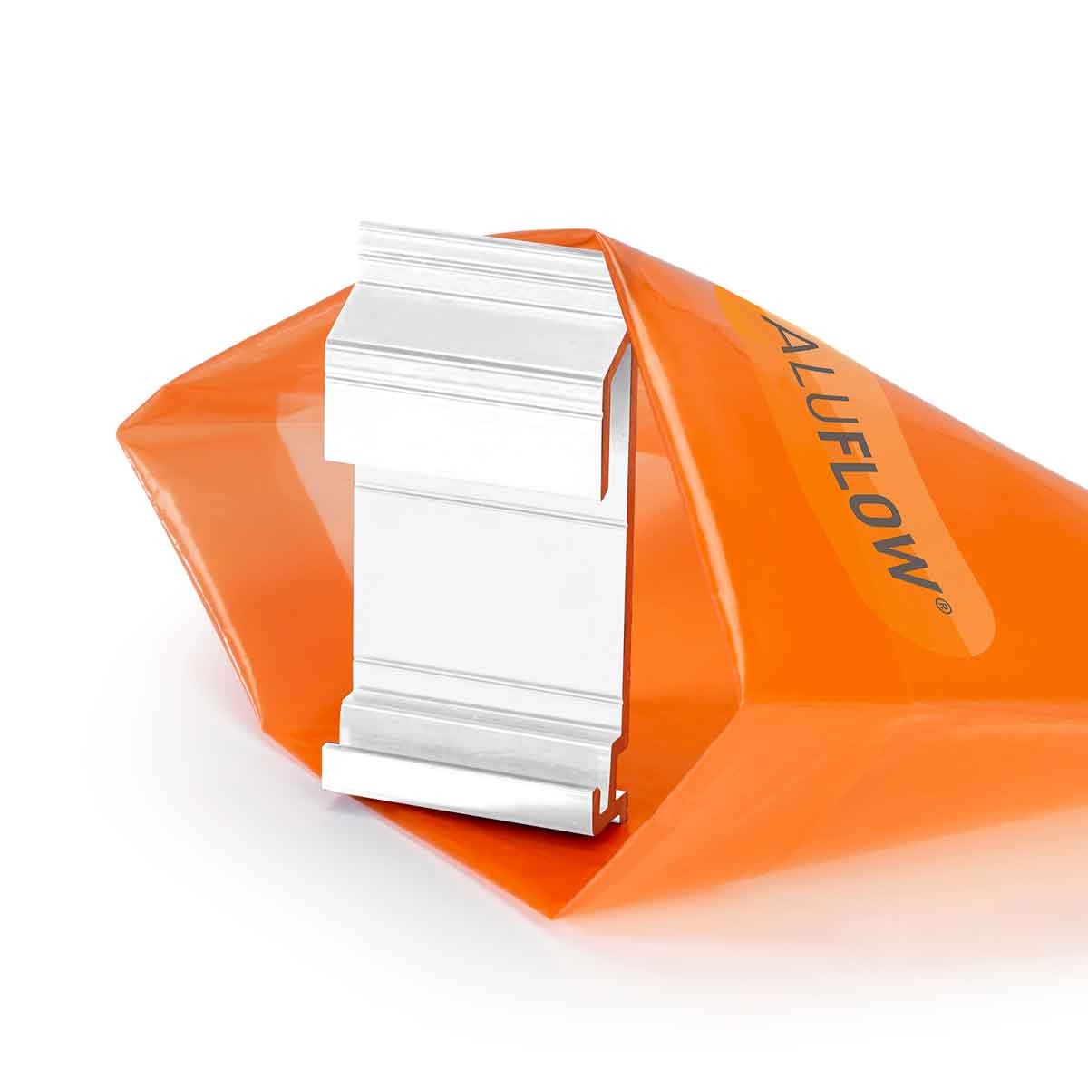 White aluminum gutter bracket with a sleek design, featuring a locking mechanism, displayed partially out of an orange packaging bag.