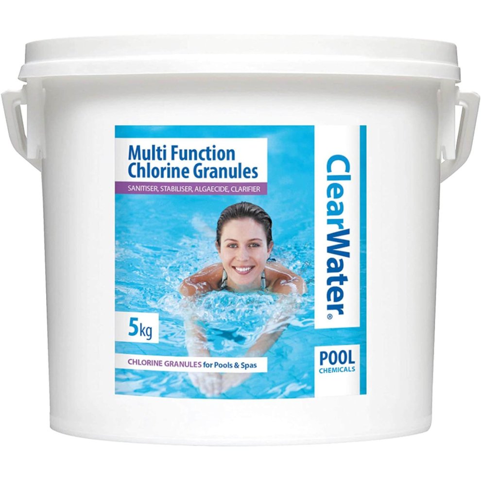 White plastic bucket labeled "ClearWater Multi Function Chlorine Granules," 5kg, featuring a blue and white design with a woman swimming, indicating its use for pools and spas.