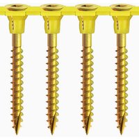Yellow collated flooring screws by Timco, featuring sharp threads and a flat head, connected by a plastic strip.