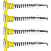 Yellow collated wing tip wood to metal screws with silver spiral threads and flat round heads.