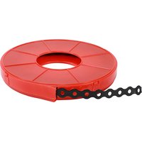 Black fixing band in red plastic dispenser, 12mm wide, 10m long, with perforated holes for versatile fastening.