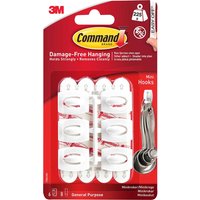 Command Adhesive Strip Mini Hooks, white plastic, oval shape, with adhesive backing, in red packaging.