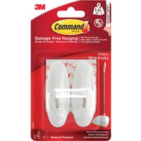 White Command Adhesive Strip Wire Hooks in red packaging, includes two hooks and adhesive strips.