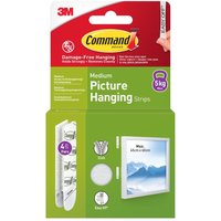 Green and red packaging of Command medium picture hanging strips, showing 5kg weight capacity and four white strips.