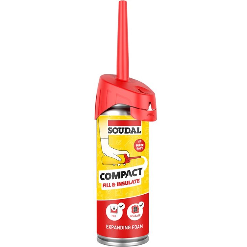 Soudal Compact Fill & Insulate Gap Filling Foam in a cylindrical can with a red nozzle, featuring a yellow and red label with text highlighting its filling and insulating properties.