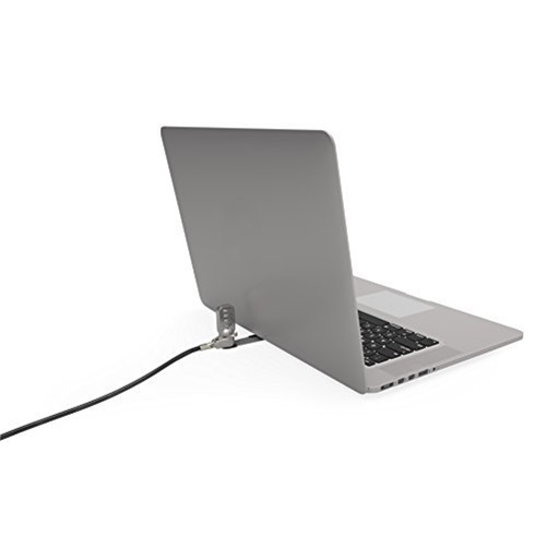 Silver MacBook secured with a T-Bar lock system, featuring a black security cable attached to the device's side, designed for universal compatibility with tablets and ultrabooks.