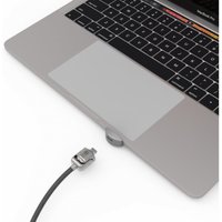 Compulocks silver Ledge Lock Adapter attached to MacBook Pro 13" with cable, designed for M1 & M2 models.