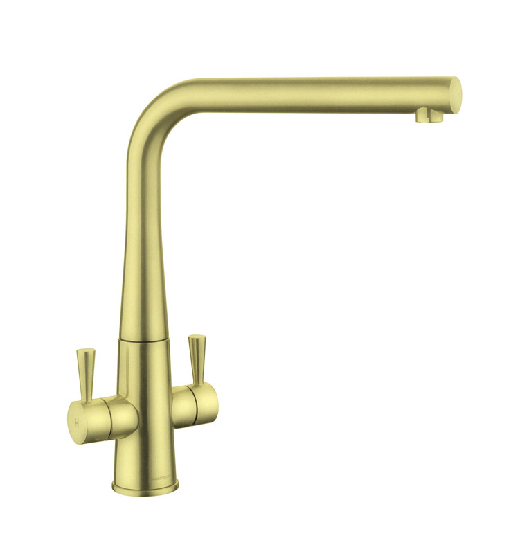 Conical dual lever monobloc tap in brushed brass finish, featuring a sleek curved spout and two side levers for water control.