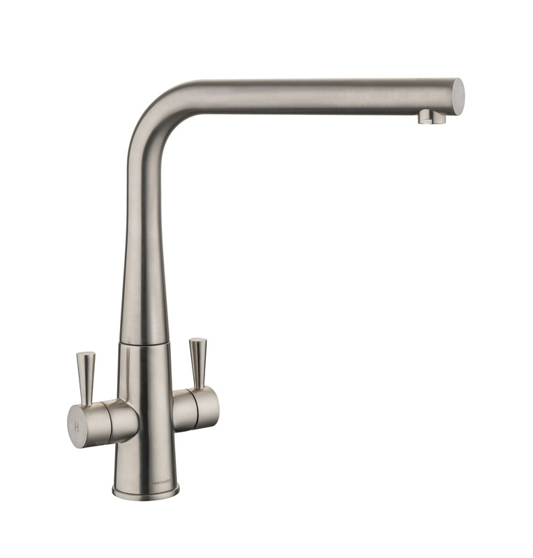 Conical dual lever monobloc tap with a brushed stainless steel finish, featuring a tall, curved spout and two cylindrical handles for temperature and flow control.