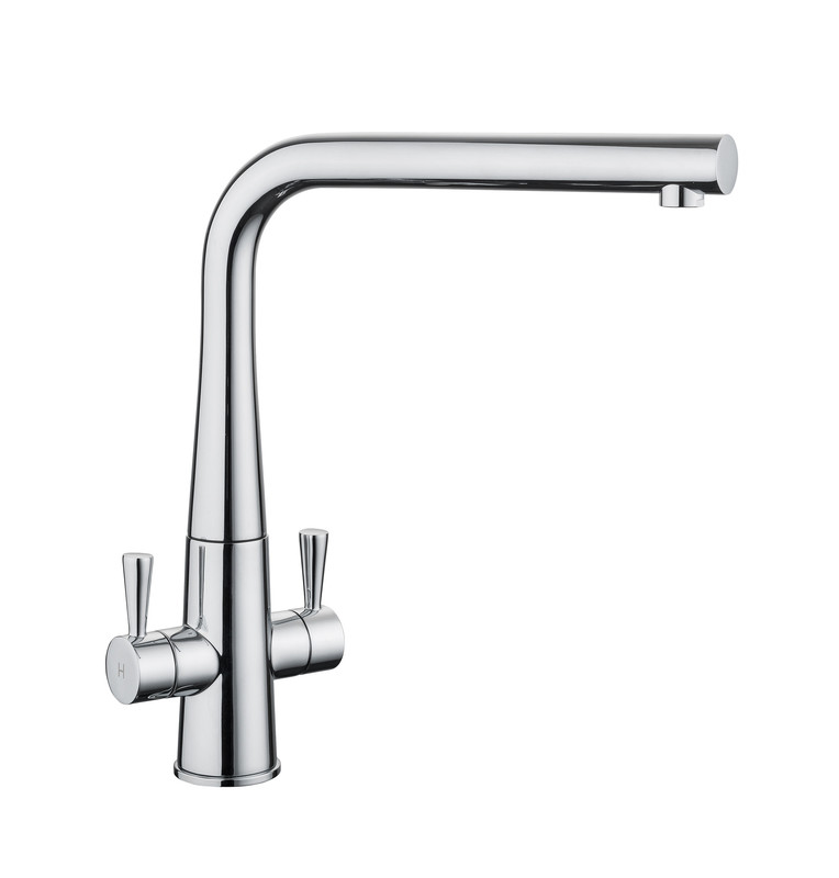 Conical dual lever monobloc tap with a sleek chrome finish, featuring a high arched spout and two lever handles for hot and cold water control.