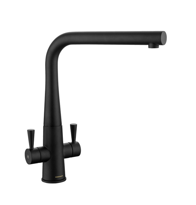 Conical dual lever monobloc tap in a sleek matt black finish, featuring a tall spout and two lever handles for precise temperature control.