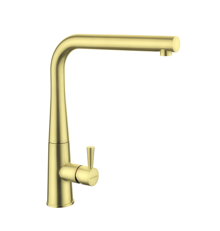 Conical single lever monobloc tap in brushed brass finish, featuring a sleek curved spout and a minimalist handle for easy temperature and flow control.