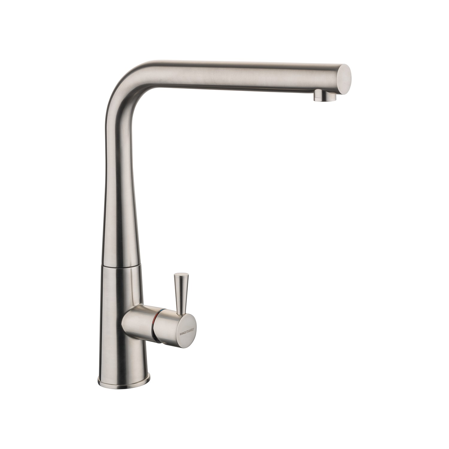 Conical single lever monobloc tap with a brushed stainless steel finish, featuring a curved spout and a sleek, ergonomic lever for easy operation.