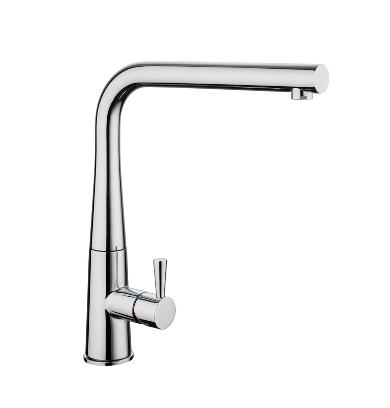 Conical single lever monobloc tap with a sleek chrome finish, featuring a curved spout and a side-mounted lever for easy water control.