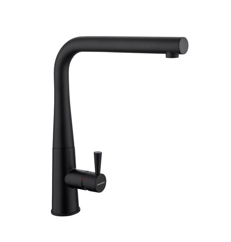 Conical single lever monobloc tap in a sleek matt black finish, featuring a curved spout and a minimalist design with a red accent on the lever.