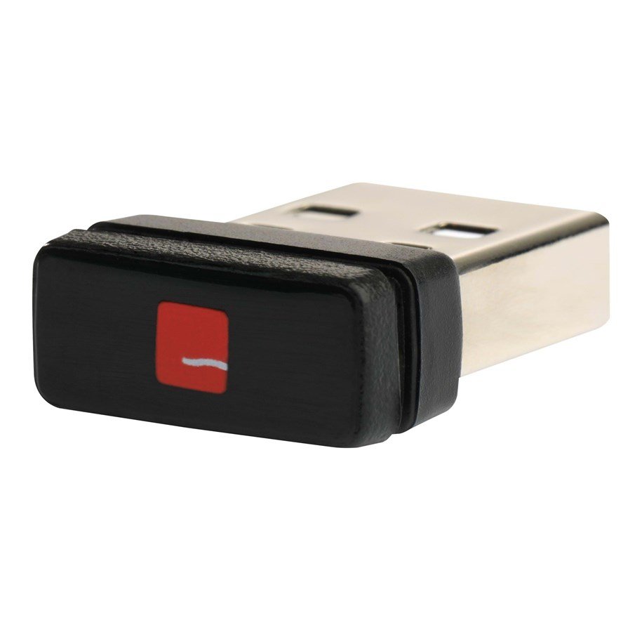 Black USB dongle with a glossy finish and a prominent red square button, designed for compatibility with all RollerMouse models by Contour Design.