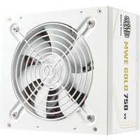White Cooler Master MWE Gold 750 V3 power supply with large fan and gold accents on side panel.