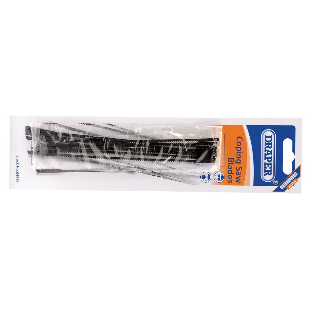 Draper 64416 Coping Saw Blades in a clear plastic packaging, featuring ten black metal blades with 15 teeth per inch, labeled with the Draper logo and product details.