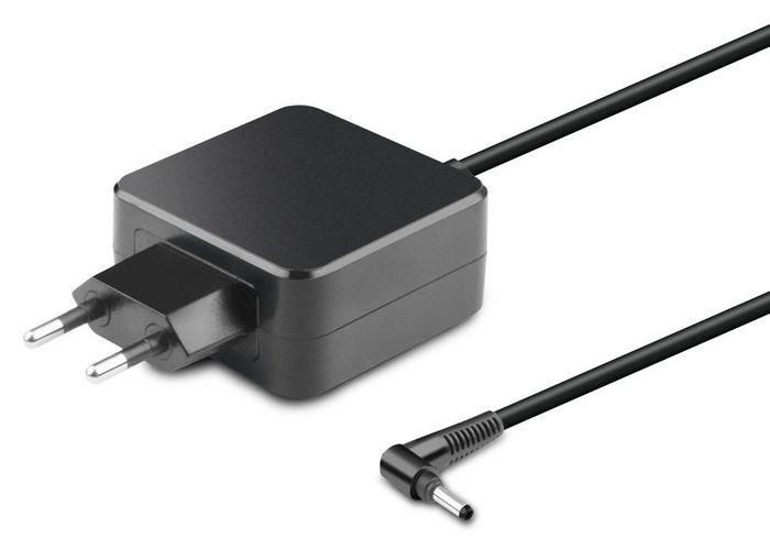 Black 45W power adapter with a rectangular body, two prongs for wall connection, and a thin cable ending in a right-angle connector.