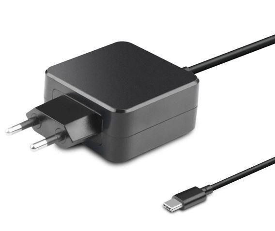 Black 45W power adapter with a compact design, featuring a two-prong plug and a connected USB-C cable for charging devices indoors.
