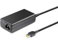 Black 65W power adapter/inverter with a rectangular design, featuring a connector cable and a three-pronged plug socket.